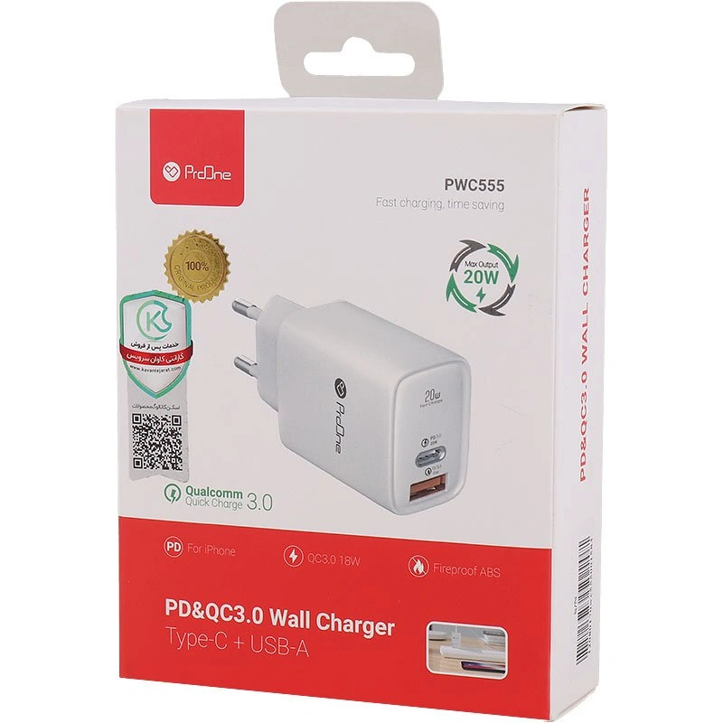 شارژر دیواری پرووان PWC555 توان 20 وات دو پورت USB و Type-C